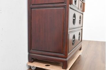 中国ビンテージ　花梨(カリン)材　唐木　寿字文(じゅじもん)入り　縁起の良い彫刻装飾が施されたライティングビューロー(簿記机、ワークデスク、在宅用、在宅ワーク用、サイドチェスト、引き出し、ヴィンテージ)(R-084409)