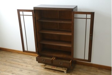 和製アンティーク　昭和レトロ　樺(カバ)材　意匠にこだわりを感じる作りの良い本箱　(R-084413)