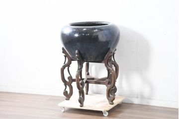 中国　唐木台付き　職人技が光る!美しい海鼠釉(なまこゆう)の特大火鉢(鉢カバー、手あぶり、ディスプレイ)(R-084415)