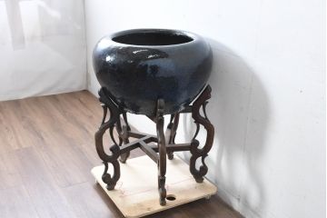 中国　唐木台付き　職人技が光る!美しい海鼠釉(なまこゆう)の特大火鉢(鉢カバー、手あぶり、ディスプレイ)(R-084415)