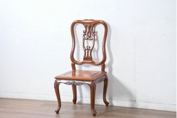 中古　花梨(カリン)材　猫脚の優美な曲線と彫刻が目を引く唐木チェア(板座チェア、ダイニングチェア、アームレスチェア、椅子、イス)(R-084417)