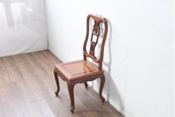 中古　花梨(カリン)材　猫脚の優美な曲線と彫刻が目を引く唐木チェア(板座チェア、ダイニングチェア、アームレスチェア、椅子、イス)(R-084417)