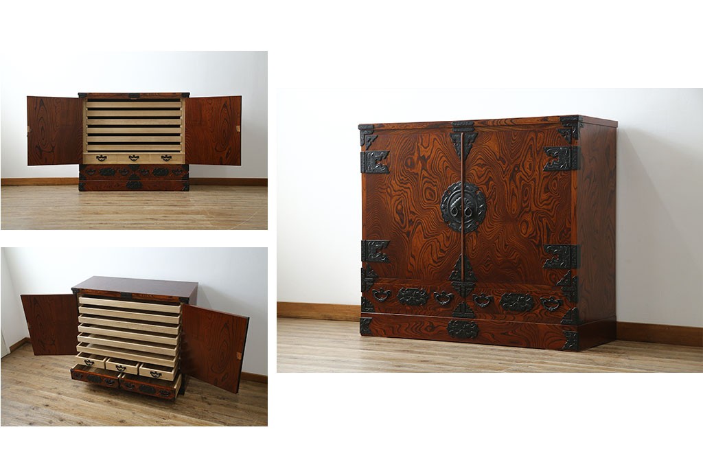 中古　美品　岩谷堂箪笥　くっきりとした杢目と立派な金具が全体を引き締め高級感を放つ観音扉付き着物箪笥　(R-084425)