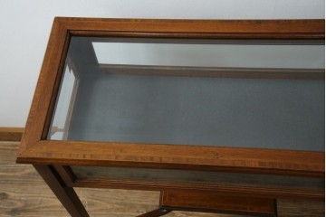 イギリスビンテージ　マホガニー材　象嵌入り　美しさと機能性を兼ね備えた魅せる収納が叶う上開き扉付きショーケース　(R-084426)