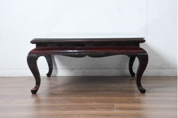 中古　美品!!　ベトナム民芸家具　工芸品　見ごたえのある精彩な細工が目を引くガラス天板の座卓(ローテーブル、センターテーブル、リビングテーブル)(R-084437)