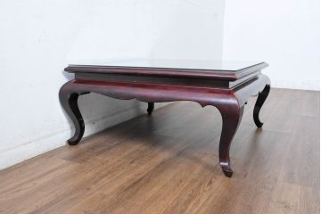 中古　美品!!　ベトナム民芸家具　工芸品　見ごたえのある精彩な細工が目を引くガラス天板の座卓(ローテーブル、センターテーブル、リビングテーブル)(R-084437)