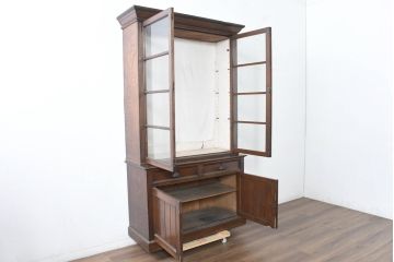 和製アンティーク　逸品!!　大正ロマン　タモ材　ガラスの取っ手がポイント!意匠を凝らしたデザインが魅力的な古い洋館の二段重ねキャビネット(食器棚、カップボード、収納棚、戸棚、飾り棚、バラ売り可能)(R-084457)