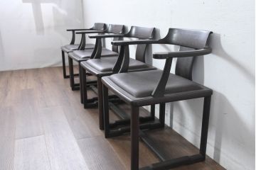 和製ビンテージ　北海道旭川家具 インテリアセンター(カンディハウス)　 Hock(ホック)　上質な座り心地と美しい木製フレームが魅力のアームチェア4脚セット(ダイニングチェア、イス、椅子、ヴィンテージ、バラ売り可能)(R-084466)