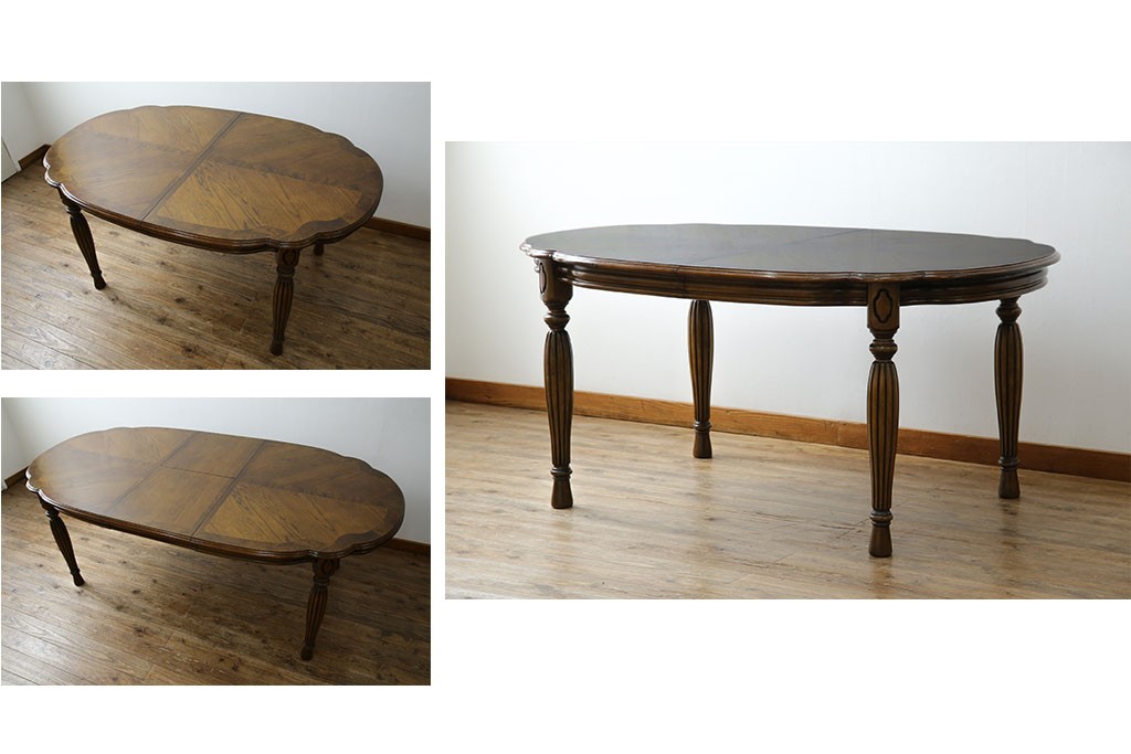 中古　美品　クラッシックデザイン　天板のパーケットリー模様が映えるエクステンションダイニングテーブル　(R-084472)