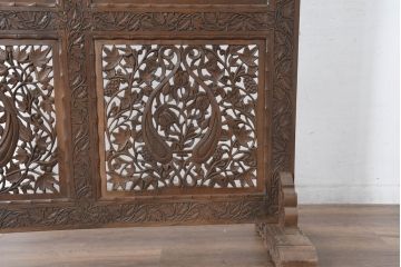 アジアンビンテージ　オリエンタルクラシックデザイン　ペイズリー柄や植物文様の緻密な彫刻が目を惹く衝立て(パーテーション、スクリーン、間仕切り、店舗什器、ヴィンテージ)(R-084477)