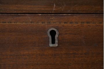 イギリスアンティーク　インレイ(象嵌)入り　経年を感じるマホガニー材の色合いが素敵な幅狭チェスト(サイドチェスト、引き出し、英国)(R-084482)