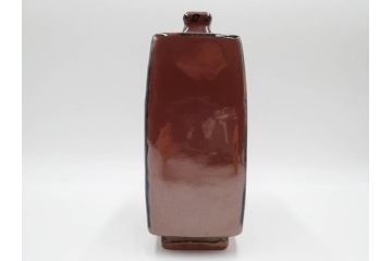 人間国宝　濱田庄司(浜田庄司)　益子焼　柿釉　丸紋　赤絵　高さ 約23cm　空間に格調高い趣を添える扁壷(花瓶、花生、花入、花器、フラワーベース、扁壺、壷、共箱付)(R-084485)