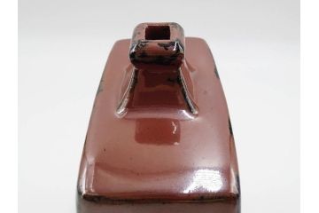 人間国宝　濱田庄司(浜田庄司)　益子焼　柿釉　丸紋　赤絵　高さ 約23cm　空間に格調高い趣を添える扁壷(花瓶、花生、花入、花器、フラワーベース、扁壺、壷、共箱付)(R-084485)