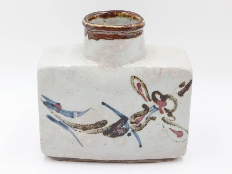 河井寛次郎　草絵　高さ 約22cm　素朴な美しさが魅力の扁壷(扁壺、花瓶、花生、花入、花器、フラワーベース、共箱付)(R-084487)