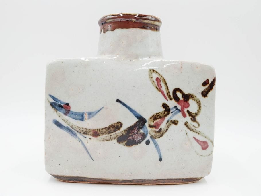 河井寛次郎　草絵　高さ 約22cm　素朴な美しさが魅力の扁壷(扁壺、花瓶、花生、花入、花器、フラワーベース、共箱付)(R-084487)