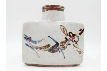 河井寛次郎　草絵　高さ 約22cm　素朴な美しさが魅力の扁壷(扁壺、花瓶、花生、花入、花器、フラワーベース、共箱付)(R-084487)