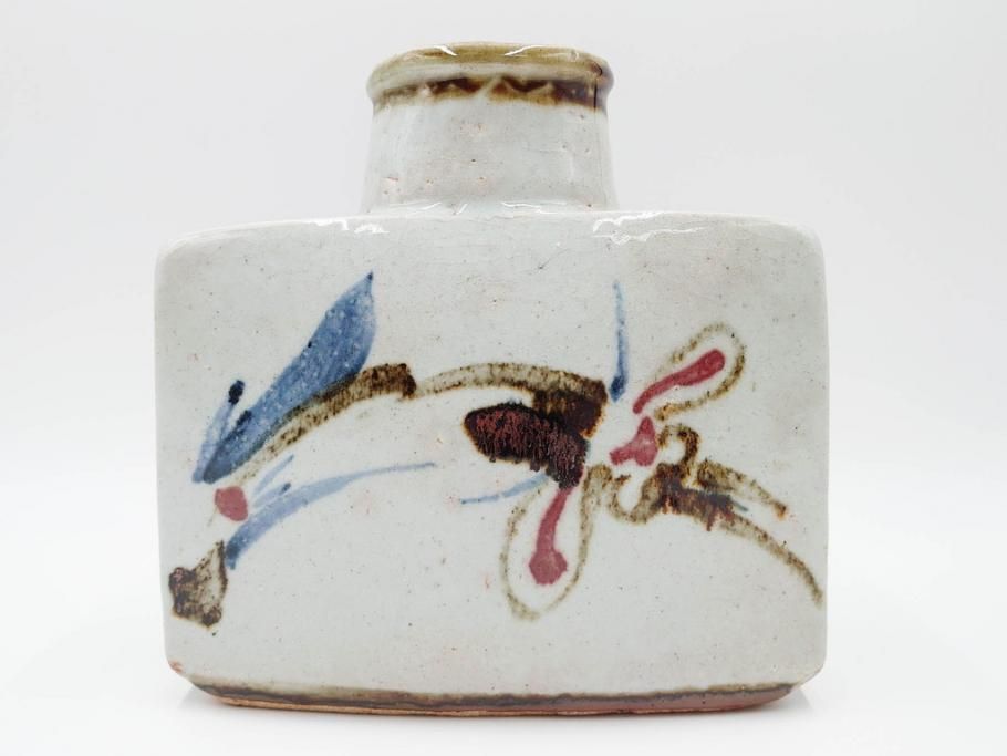 河井寛次郎　草絵　高さ 約22cm　素朴な美しさが魅力の扁壷(扁壺、花瓶、花生、花入、花器、フラワーベース、共箱付)(R-084487)