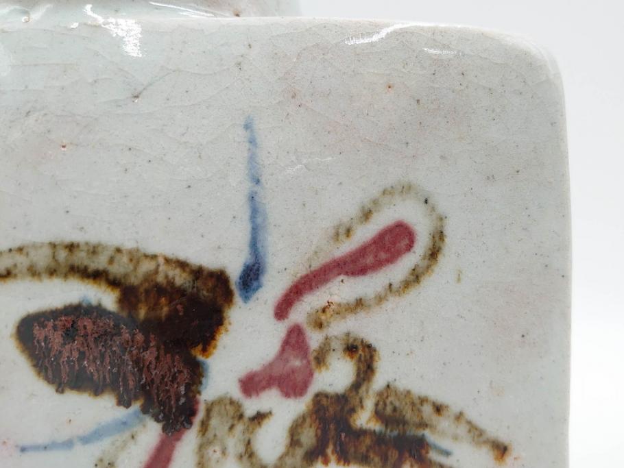 河井寛次郎　草絵　高さ 約22cm　素朴な美しさが魅力の扁壷(扁壺、花瓶、花生、花入、花器、フラワーベース、共箱付)(R-084487)