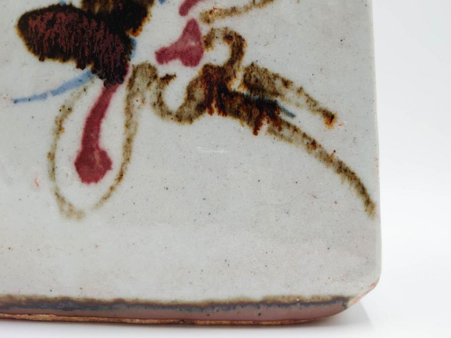 河井寛次郎　草絵　高さ 約22cm　素朴な美しさが魅力の扁壷(扁壺、花瓶、花生、花入、花器、フラワーベース、共箱付)(R-084487)