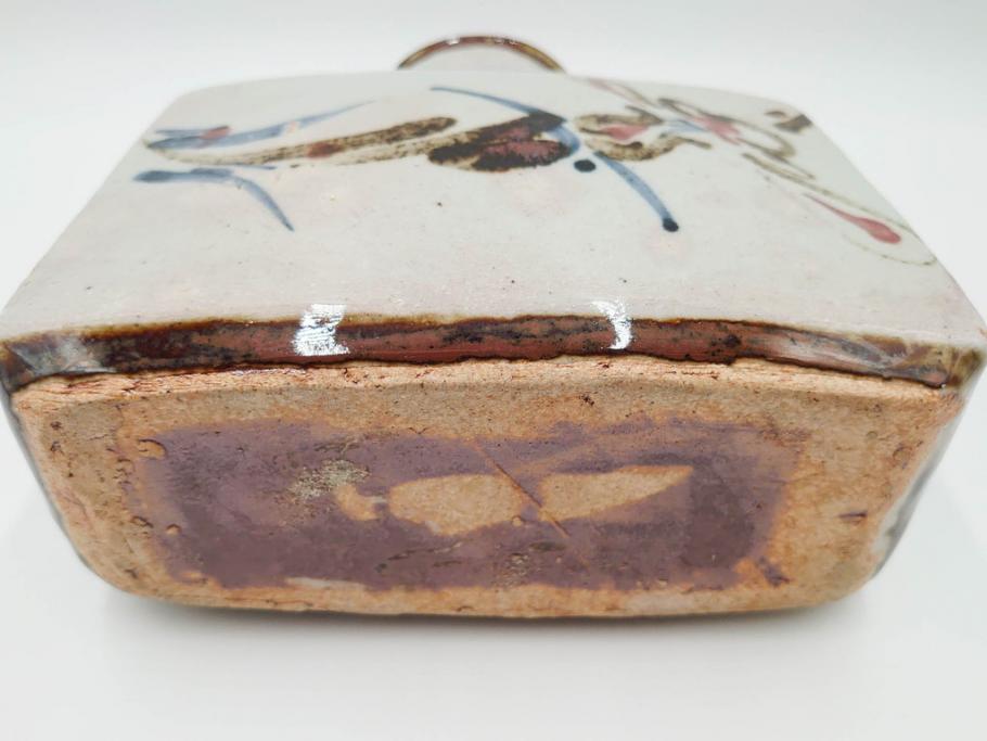 河井寛次郎　草絵　高さ 約22cm　素朴な美しさが魅力の扁壷(扁壺、花瓶、花生、花入、花器、フラワーベース、共箱付)(R-084487)