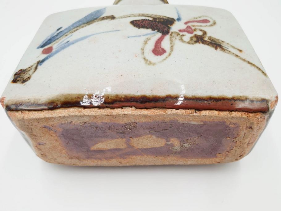 河井寛次郎　草絵　高さ 約22cm　素朴な美しさが魅力の扁壷(扁壺、花瓶、花生、花入、花器、フラワーベース、共箱付)(R-084487)