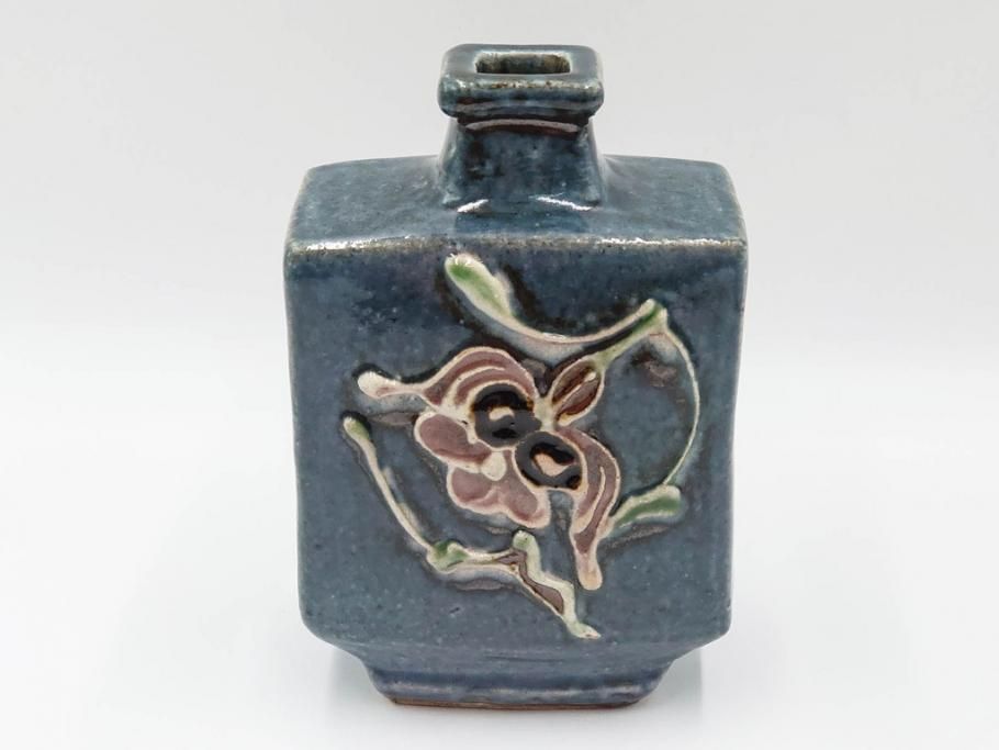 河井寛次郎　呉洲(呉須)　高さ 約24cm　堂々とした存在感と温かみを感じる花扁壷(扁壺、花瓶、花生、花入、花器、フラワーベース、共箱付)(R-084494)