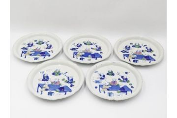 明治期　伊万里　図変わり　染付　唐子　色絵　約23cm　7.4寸　中皿5枚セット(R-084501)