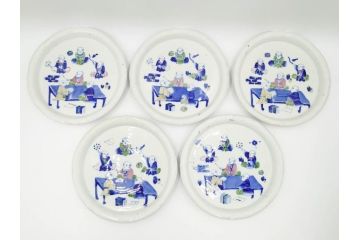 明治期　伊万里　図変わり　染付　唐子　色絵　約23cm　7.4寸　中皿5枚セット(R-084501)