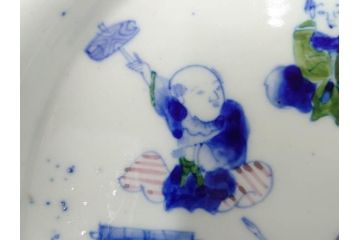 明治期　伊万里　図変わり　染付　唐子　色絵　約23cm　7.4寸　中皿5枚セット(R-084501)