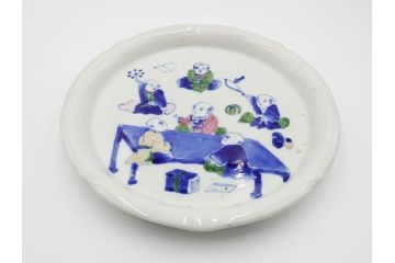 明治期　伊万里　図変わり　染付　唐子　色絵　約23cm　7.4寸　中皿5枚セット(R-084501)