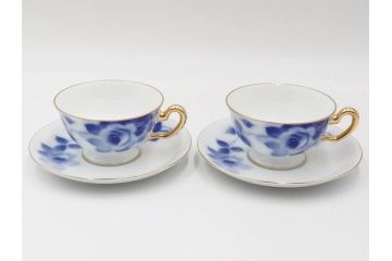 大倉陶園(OKURA、OAC)　ブルーローズ　上品な雰囲気のティーカップ&ソーサー2客セット(R-084502)