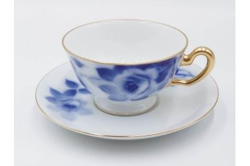 大倉陶園(OKURA、OAC)　ブルーローズ　上品な雰囲気のティーカップ&ソーサー2客セット(R-084502)