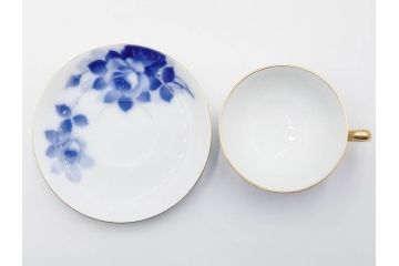大倉陶園(OKURA、OAC)　ブルーローズ　上品な雰囲気のティーカップ&ソーサー2客セット(R-084502)