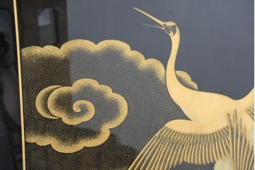 中古　超美品!!　輪島塗り　名工 川端光峰作　金蒔絵で羽の一本一本まで表現された美しい鶴に目を惹かれる折り畳み可能な大型の衝立(つい立て、衝い立て、パーティション、間仕切り)(定価約400万円)(R-084525)