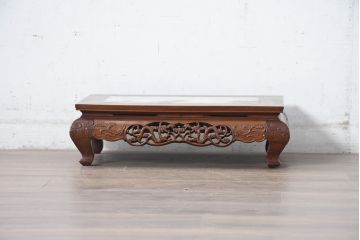 中古　上手物!!　花梨(カリン)材　龍透かし　大理石と天板彫刻が見事な花台　(R-084531)