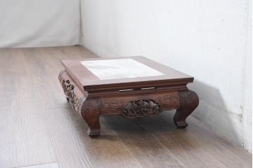 中古　上手物!!　花梨(カリン)材　龍透かし　大理石と天板彫刻が見事な花台　(R-084531)