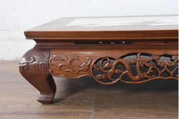 中古　上手物!!　花梨(カリン)材　龍透かし　大理石と天板彫刻が見事な花台　(R-084531)
