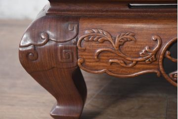 中古　上手物!!　花梨(カリン)材　龍透かし　大理石と天板彫刻が見事な花台　(R-084531)