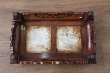 中古　上手物!!　花梨(カリン)材　龍透かし　大理石と天板彫刻が見事な花台　(R-084531)