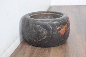 アンティーク雑貨　昭和初期　桐材　蒔絵・螺鈿　柿の図柄が目を引く刳り貫き火鉢(木製火鉢、手あぶり)(R-084533)
