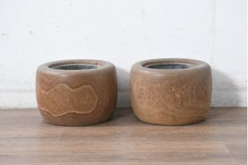 アンティーク雑貨　昭和初期　味わい深い木肌が魅力の桐火鉢2点セット(丸火鉢、木製火鉢、手あぶり)(R-084534)