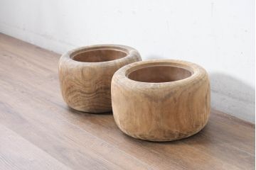 アンティーク雑貨　昭和初期　優しい木の温もり溢れる桐火鉢2点セット(丸火鉢、木製火鉢、手あぶり)(R-084535)