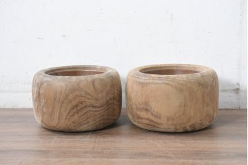 アンティーク雑貨　昭和初期　優しい木の温もり溢れる桐火鉢2点セット(丸火鉢、木製火鉢、手あぶり)(R-084535)