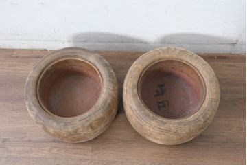 アンティーク雑貨　昭和初期　優しい木の温もり溢れる桐火鉢2点セット(丸火鉢、木製火鉢、手あぶり)(R-084535)