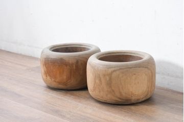 アンティーク雑貨　昭和初期　優しい木の温もり溢れる桐火鉢2点セット(丸火鉢、木製火鉢、手あぶり)(R-084537)