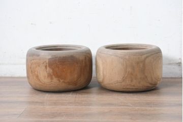 アンティーク雑貨　昭和初期　優しい木の温もり溢れる桐火鉢2点セット(丸火鉢、木製火鉢、手あぶり)(R-084537)