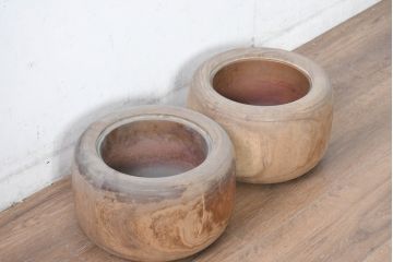 アンティーク雑貨　昭和初期　優しい木の温もり溢れる桐火鉢2点セット(丸火鉢、木製火鉢、手あぶり)(R-084537)