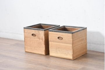 和製ビンテージ　黒柿縁　桐材　和モダンな雰囲気漂う角火鉢2点セット(木製火鉢、手あぶり、ヴィンテージ)(R-084538)