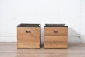 和製ビンテージ　黒柿縁　桐材　和モダンな雰囲気漂う角火鉢2点セット(木製火鉢、手あぶり、ヴィンテージ)(R-084538)