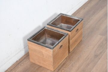 和製ビンテージ　黒柿縁　桐材　和モダンな雰囲気漂う角火鉢2点セット(木製火鉢、手あぶり、ヴィンテージ)(R-084538)